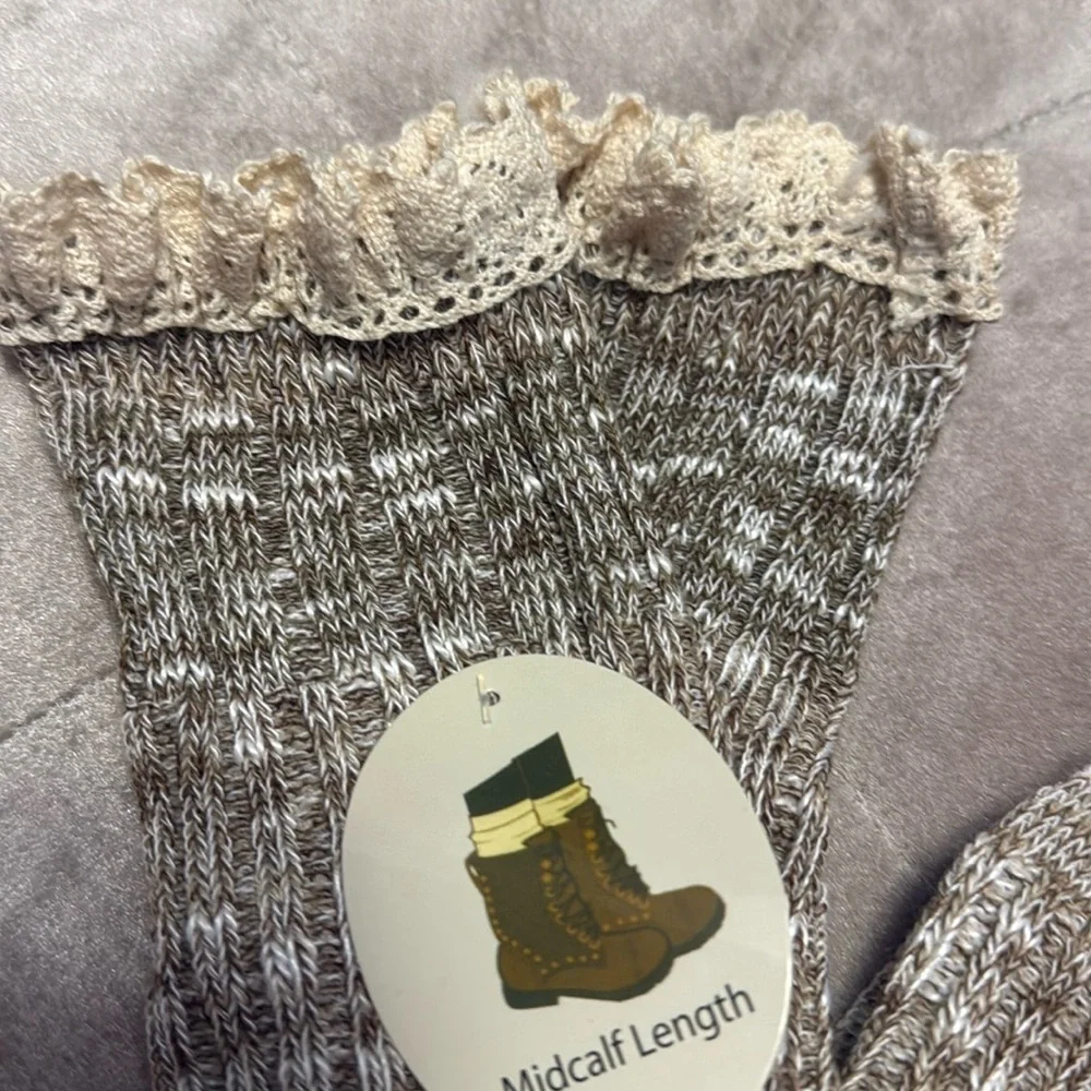 Crochet edge boot socks, light brown with cream lace, new